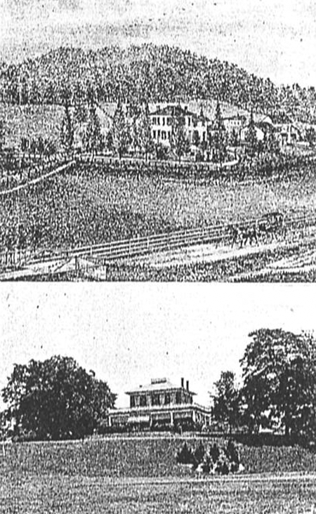 Three historic images of the Giesy farm house: a pencil sketch, the remodeled home, and the hillside site